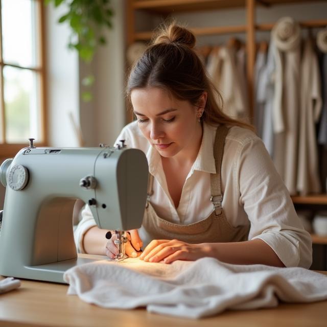 Seamstress at work in Maple Leaf Creations studio