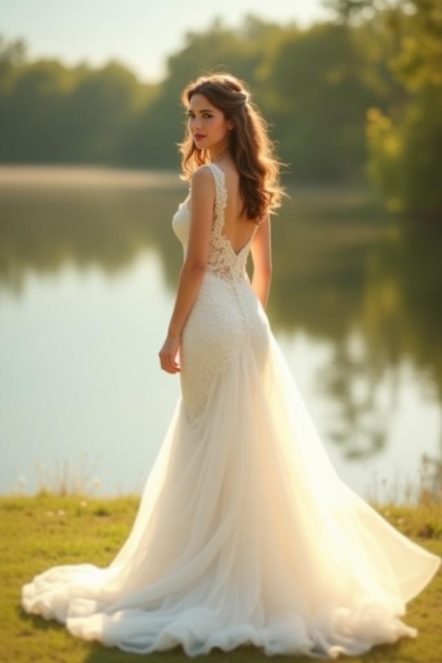Bride wearing lace gown by a lake