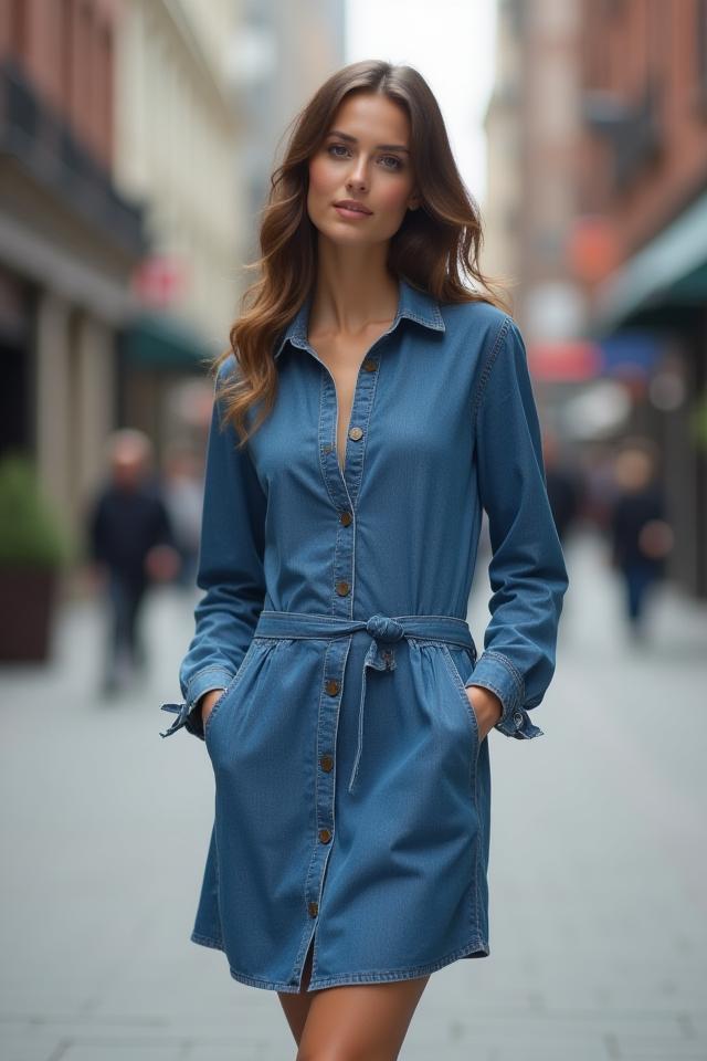 Casual denim dress in urban setting