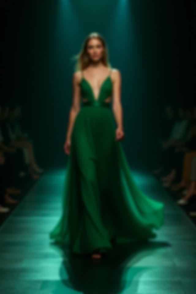 Emerald evening dress on runway