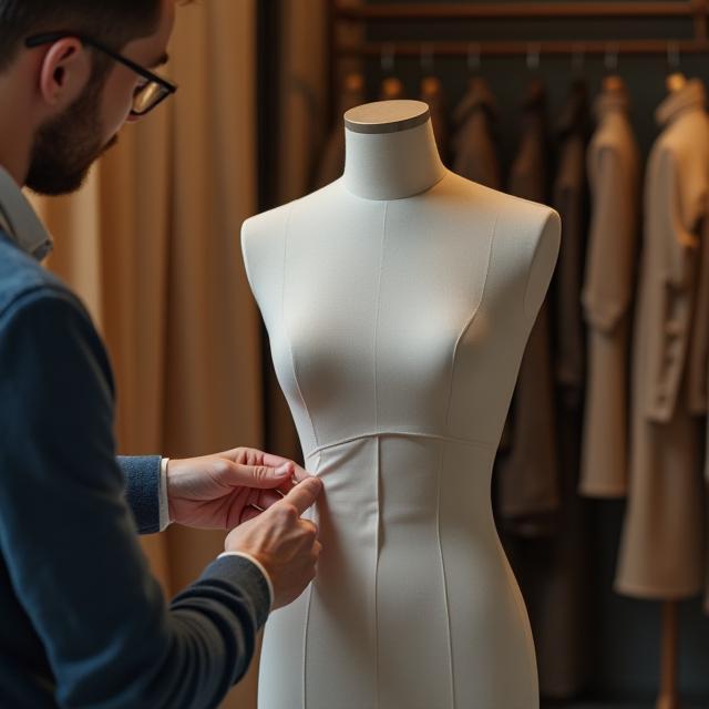 Tailor adjusting a dress on mannequin