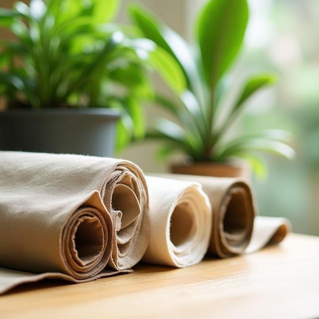 Eco-friendly fabric rolls beside houseplants